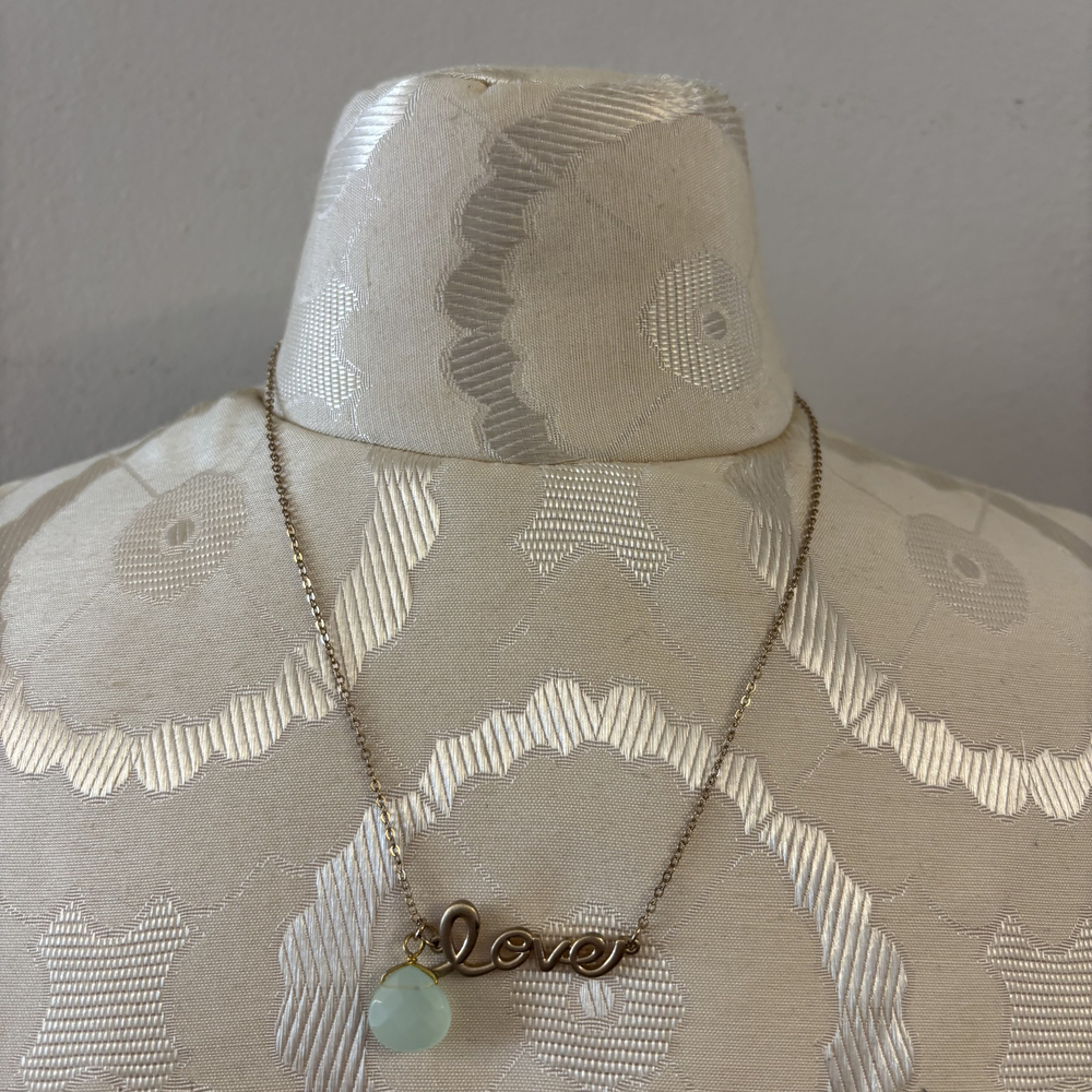 Script Love Aqua Faux Stone Pendant Necklace Gold Tone